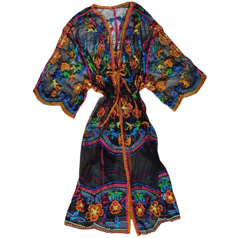 Pink and Black Kimono Swim Coverup with Dramatic Sleeves